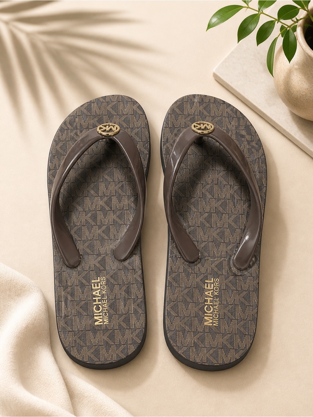 Michael Kors Brown MK Logo Flip Flops with Gold Emblem